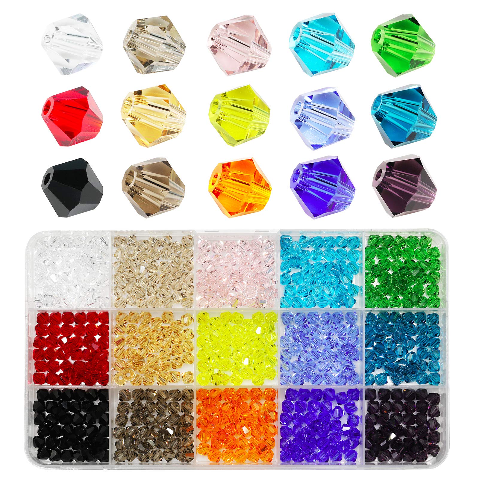 BALABEAD 6mm Bicone Faceted Crystal Glass Beads for Jewelry Making, DIY Beads for Bracelet 15 Colors Mix Lot in Box (Total 600pcs)