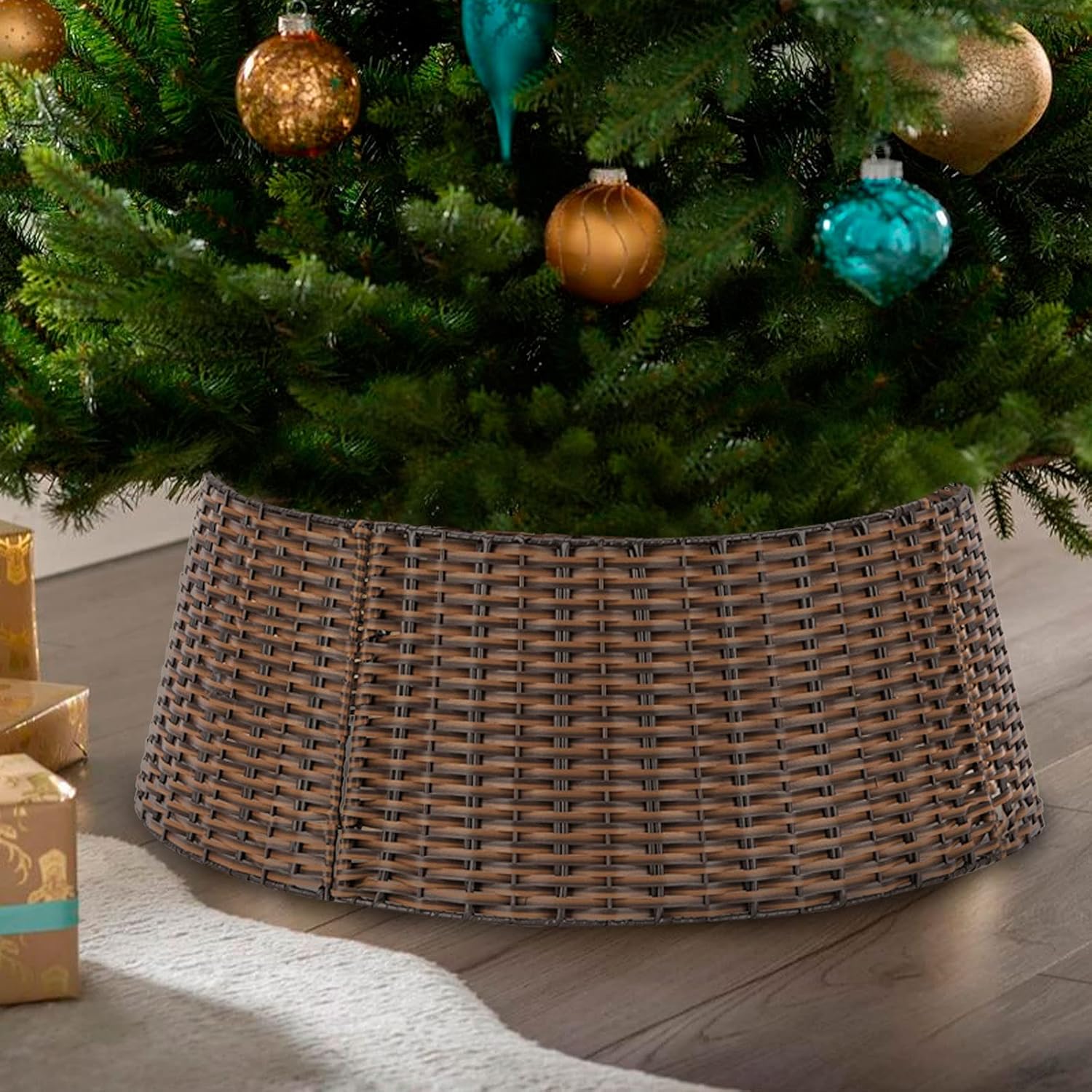 Tree Stands - SUNNYPARK Christmas Tree Collar, 23'' D Handmade Artificial Rattan Wicker Christmas Stand Tree Collar Basket Base Cover for Holiday Decoration-Round Brown …