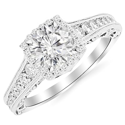 2.75 Carat 14K White Gold Vintage Halo Style Channel Set Round Brilliant Diamond Engagement Ring Milgrain with a 2 Carat Moissanite Center