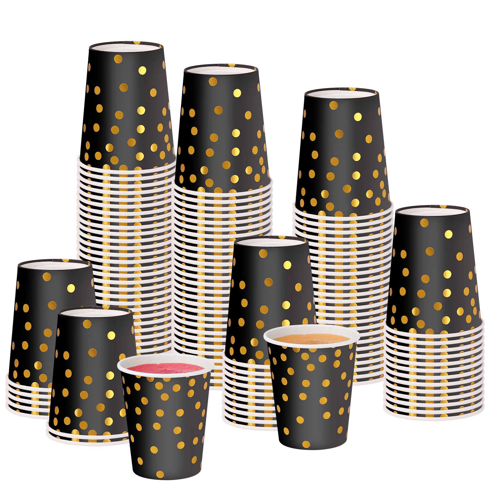 CEILIWEN Pack of 100 Black and Gold Paper Party Cups, 9 OZ/250ml Polka Dot Cups for Hot and Cold Drinks