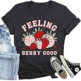 CQF Strawberry Shirt for Women Feeling Berry Good Letter Printed T-Shirt Cute Fruit Tee Casual Garden Tops