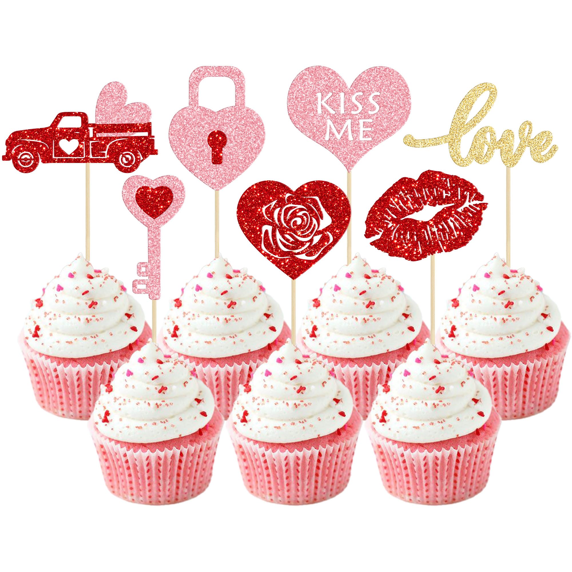 Gyufise 28Pcs Valentine's Day Cupcake Toppers Red Pink Glitter Heart Love Lipstick Key Rose Cupcake Toppers Picks for Sweet Love Theme Wedding Engagement Decoration