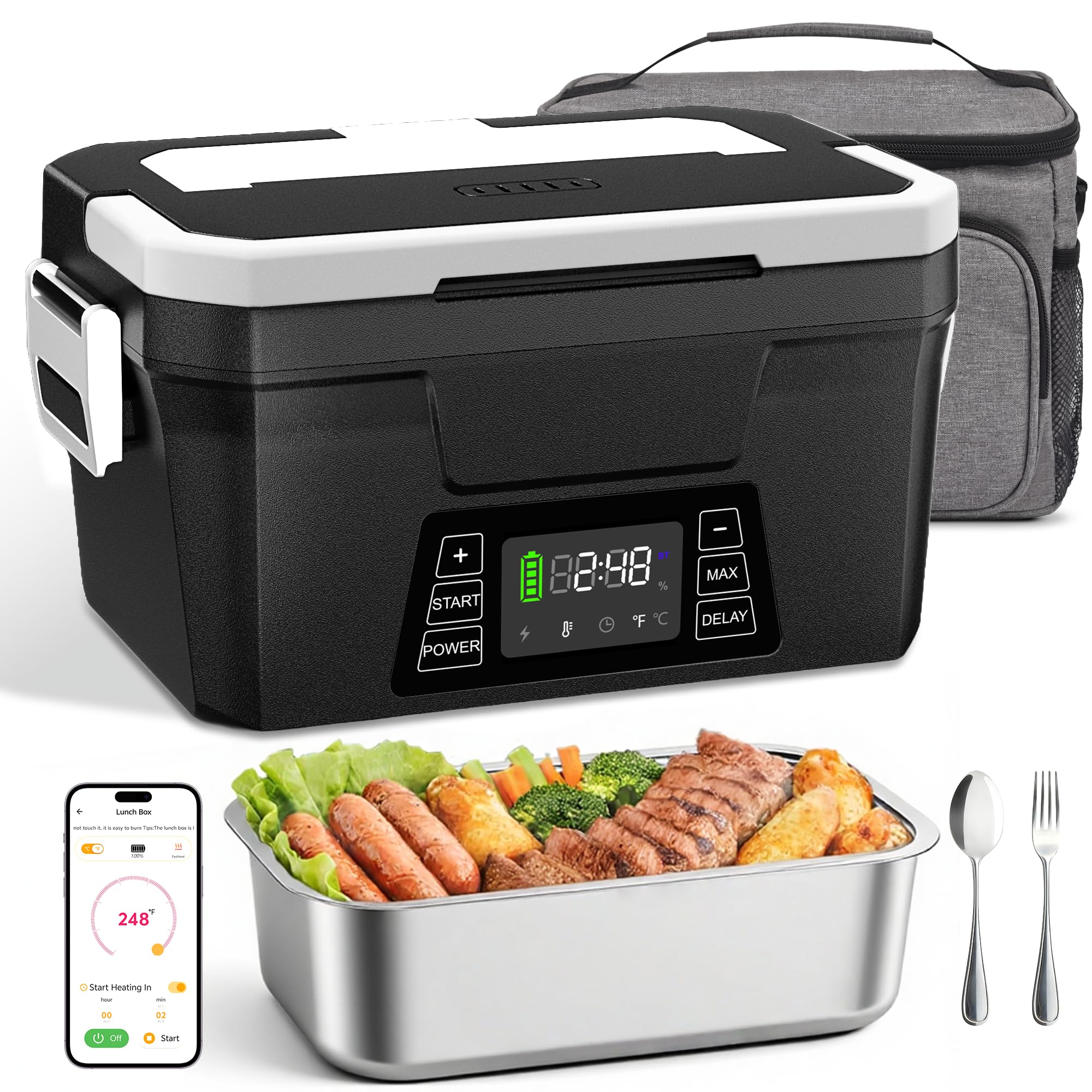 Photo 1 of Vabaso Cordless Electric Lunch Box for Adults, App Control Heated Lunch Box with 27000mAh Detachable Battery, 1.2L Self Heating Lunchbox with Timer, Memory & Auto Keep Warm for Work Travel Outdoor