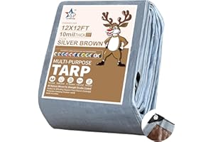 STARPYNG - Heavy Duty 10 Mil Sliver/Brown Poly Tarp Cover - Thick Waterproof, UV Resistant, urable, Weather Resistant, can be Used to Cover Cars, Swimming Pools, Boats (Silver/Brown, 12 * 12feet)