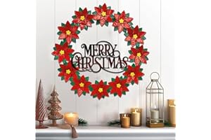 JOHOO Christmas Wreath for Front Door, Metal Hanging Poinsettias Wreath, Flowers, Foliage for Christmas Indoor, Outdoor Decor, Traditional Home Decorations, 16 Inches