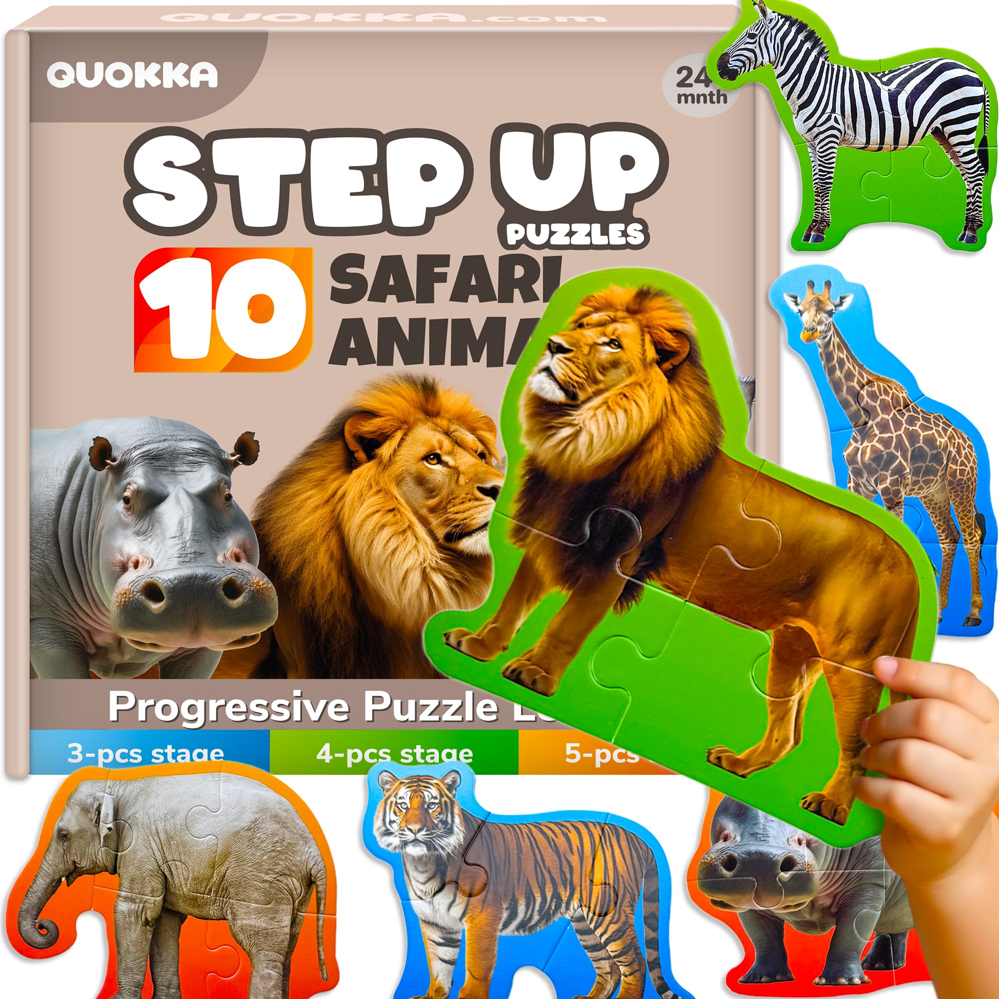 QUOKKA Puzzles For 2 3 Year Olds - Floor Toddler Puzzles Age 3-5 - Educational Jigsaw Toys 2-3 yo - 8 Realistic Safari Animal Shapes - Large Pieces Games for Children - Gift For Kids