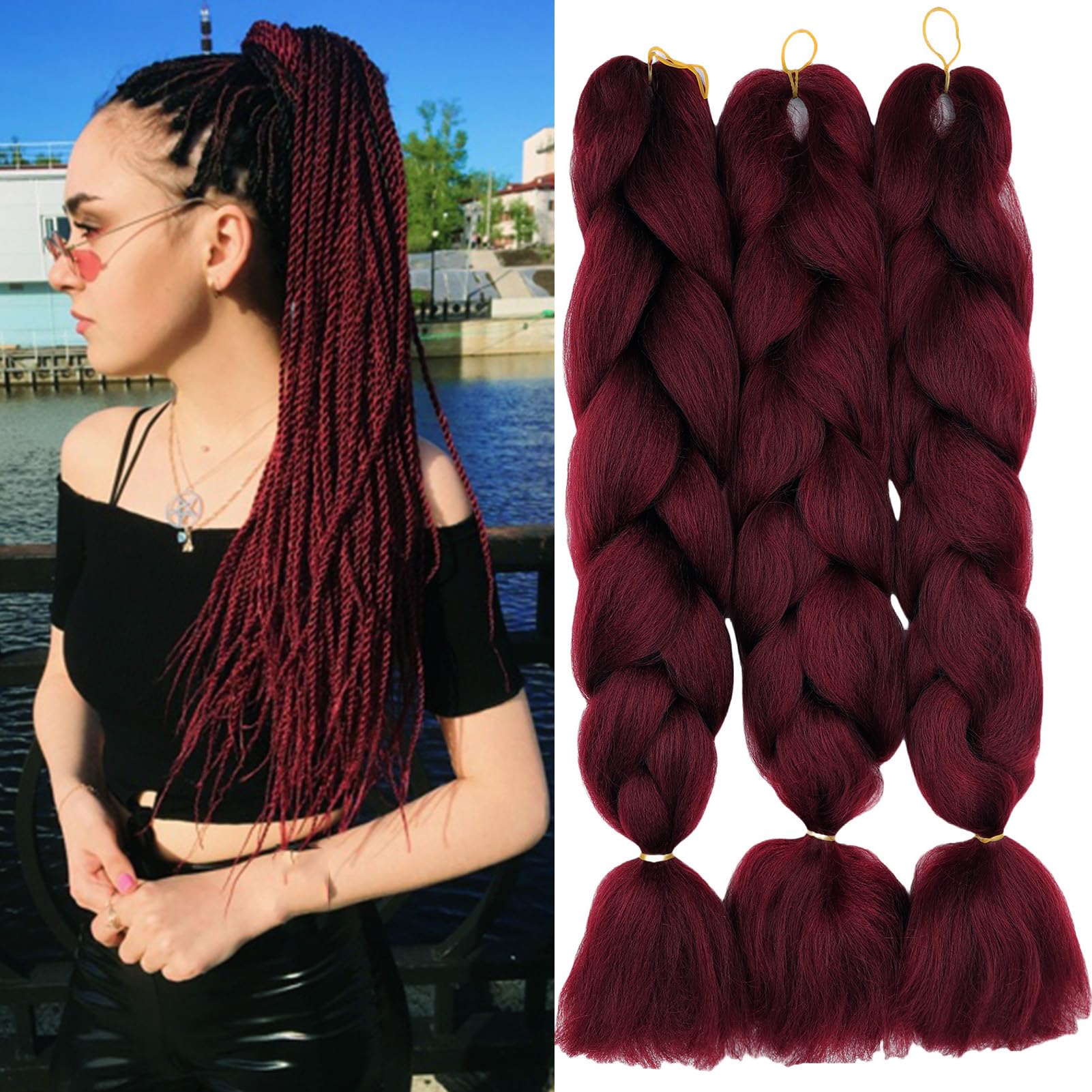 Dcbaboo Jumbo Braiding Hair Extensions 3 Packs 24 Inch Synthetic Kanekalon Ombre Afro Crochet Braids Twist 300g, Wine Red