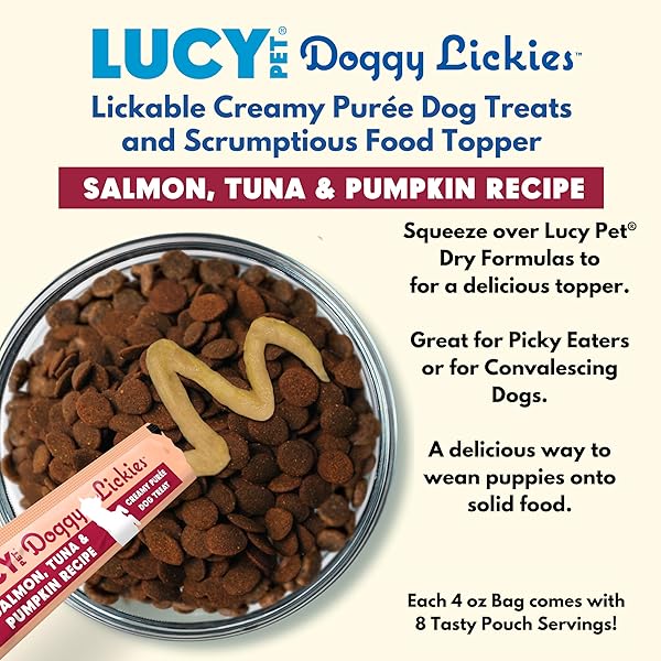 LUCY PET® DOGGY LICKIES™ SALMON, TUNA & PUMPKIN RECIPE CREAMY PURÉE DOG TREAT 4OZ