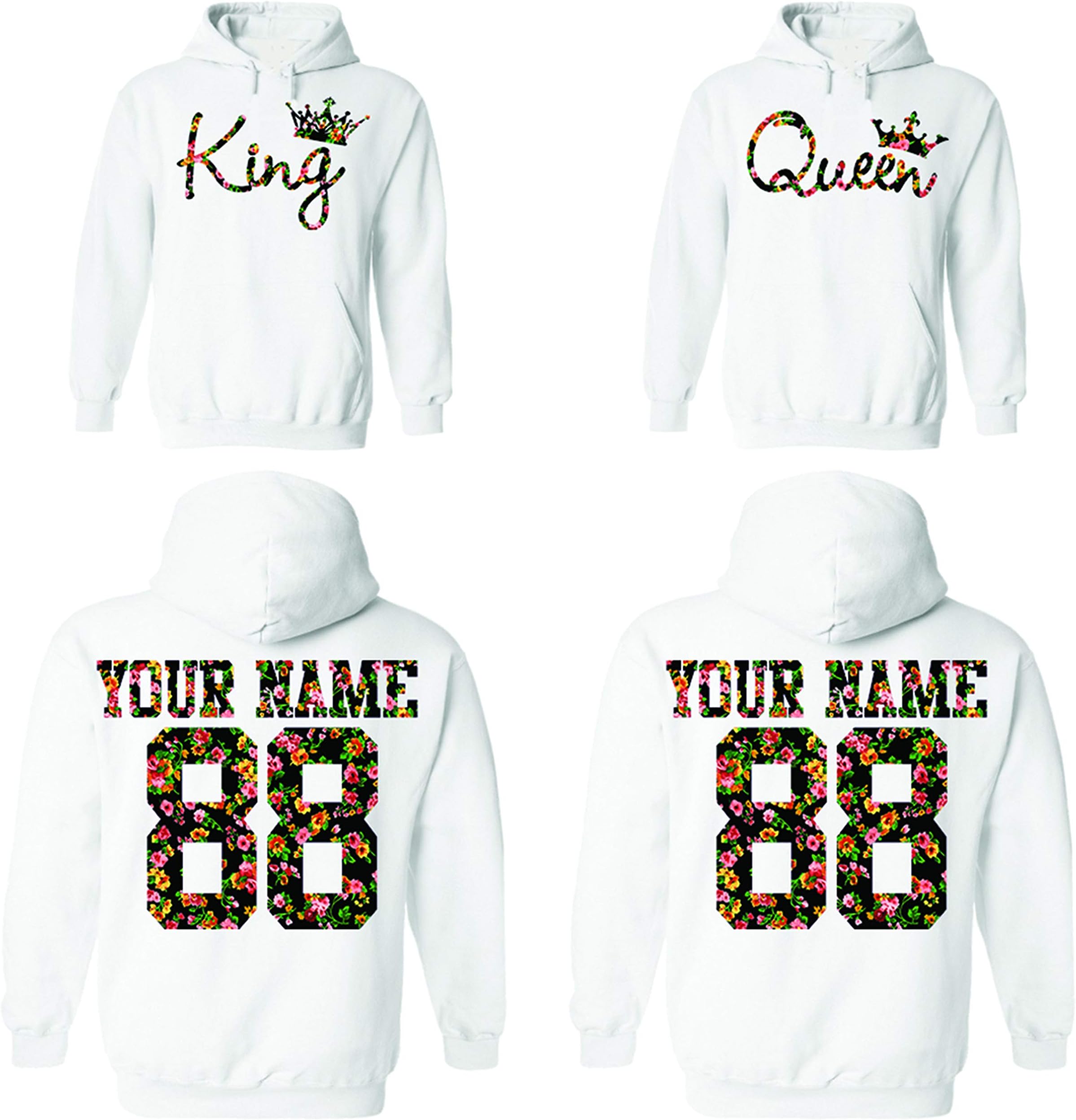 Custom Couple Floral Pattern Hoodies, Names and Numbers for him and her Matching Couples Hoodie