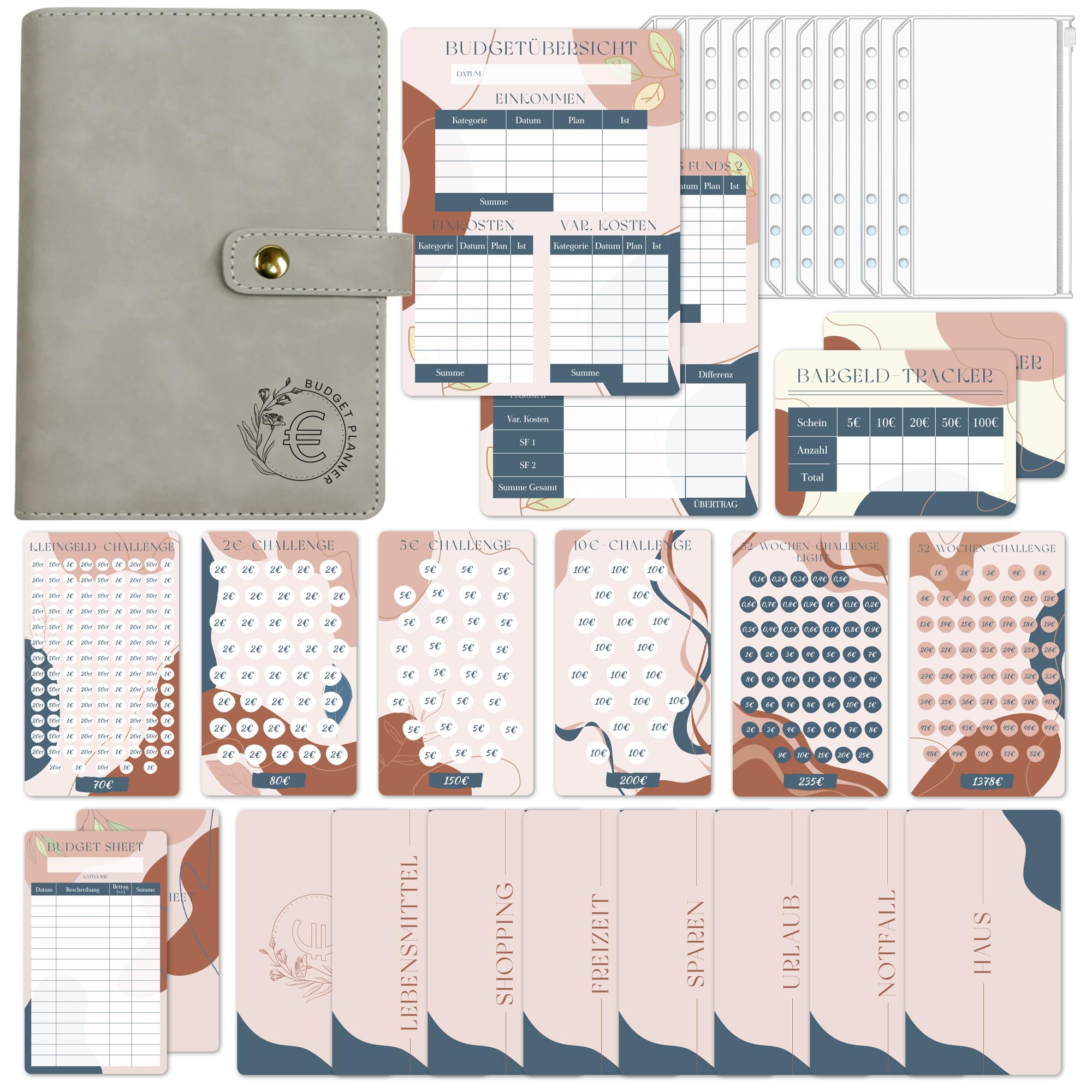 BIROYAL Budget Planner German Set with Savings Challenge, A6 Money Organiser, Budget Planner, Budget Binder with 6 Saving Challenge, 7 Budget Sheets, 8 Pockets, 7 Categories, Budget Overview & Cash