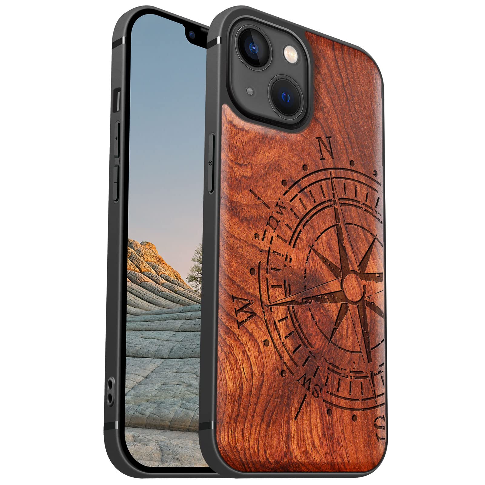 Carveit Magnetic Wood Case for iPhone 13 Case [Hard Real Wood & Soft TPU] Shockproof Hybrid Protective Cover Unique & Classy Wooden Case Compatible with MagSafe (Vintage Compass-Carving Rosewood)