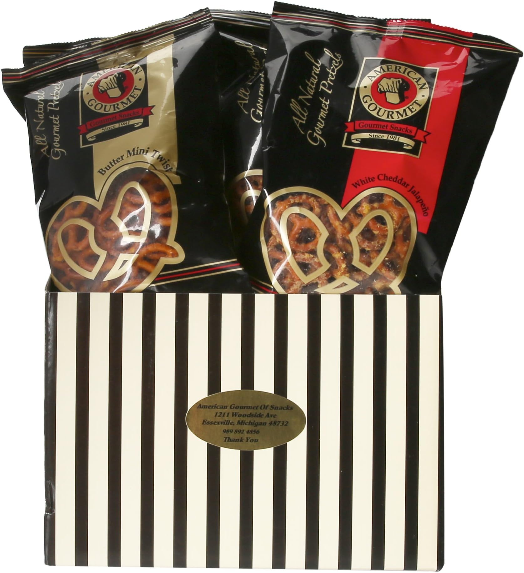 AMERICAN GOURMETPretzels Gift Box, Tan/Black, 5 lb, Gold Stripe