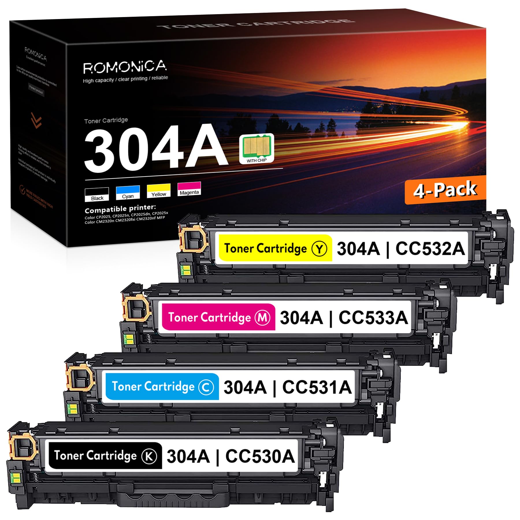 Photo 1 of 304A CC530A CC531A CC532A CC533A Toner Cartridge Set BK,C,M,Y Replacement for HP 304A Toner Color CM2320n CM2320fxi CM2320nf MFP, CP2025 CP2025n CP2025x CP2025dn Printer Ink 4-Pack