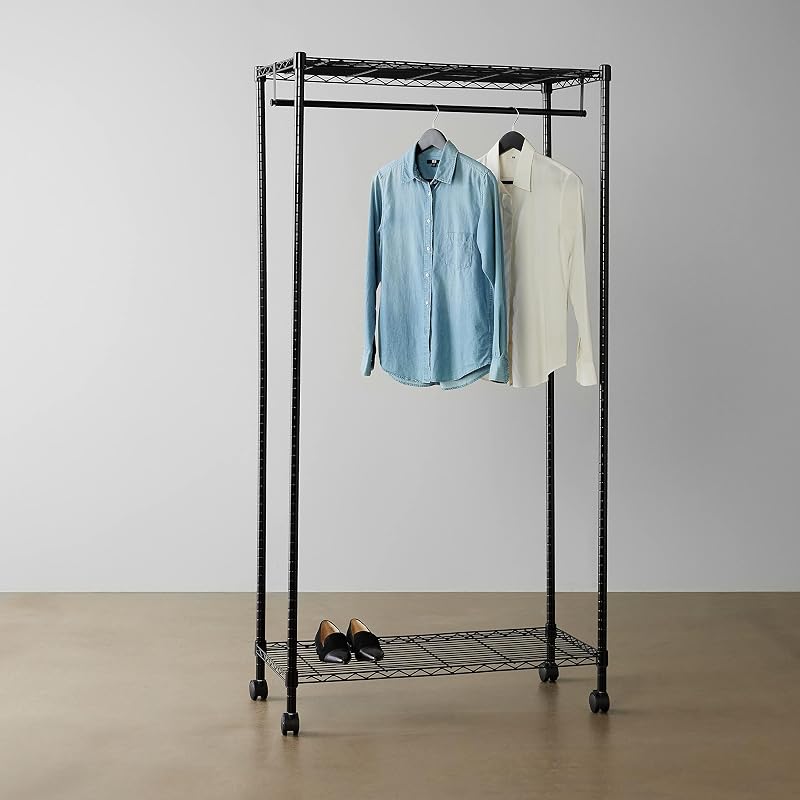Cabide de roupa com prateleiras superiores e inferiores, preto, 91 x 45,6 x 180,2 cm — foto 1 de 5