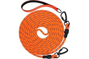 Aiyuda 30ft Long Dog Leash | Neoprene Padded Handle | Lockable Heavy Duty Clip | Handle Removable for Temporary Tie Out | Dog Training,Hiking,Camping,Playing Outside or in Yard | Orange, 3/8" Thick