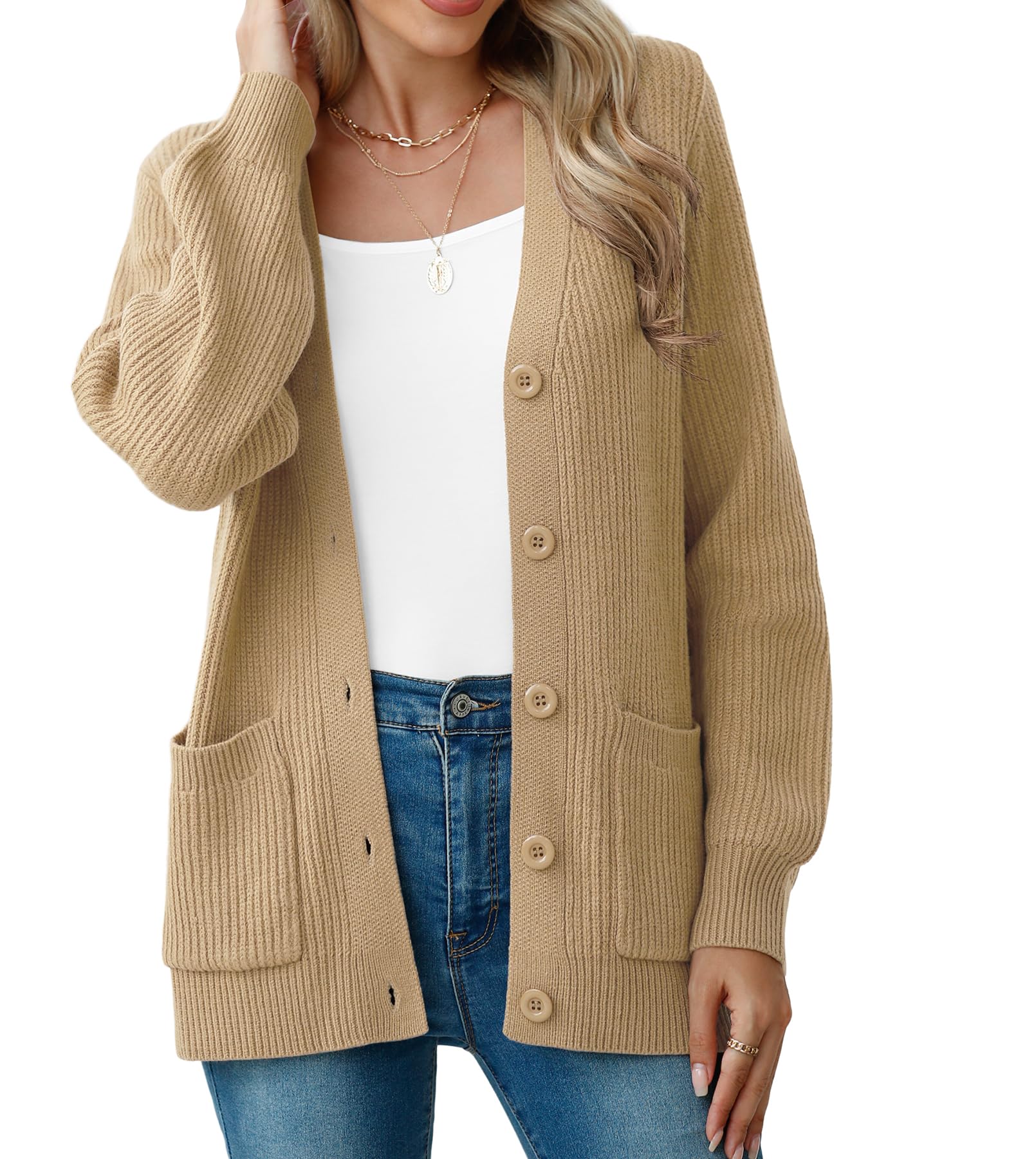 VIISHOW Womens Fall Fashion 2025 Long Sleeve Loose Chunky Knit Button Up Cardigan Sweaters for Women Lightweight,Khaki Apricot,X-Large Image