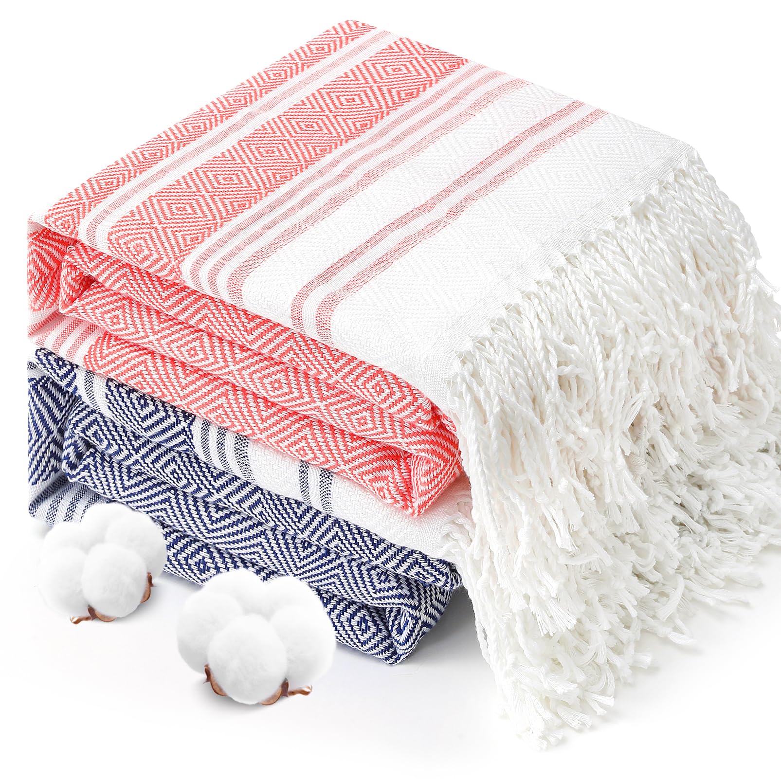 2 Packs Oversized Cotton Turkish Beach Towels Set Bulk 74"x38" Extra Large Sand Free Quick Dry Clearance Swim Bath Camping Pool Towel Travel Blanket Adult Cruise Essentials Accessories Deep Blue Red