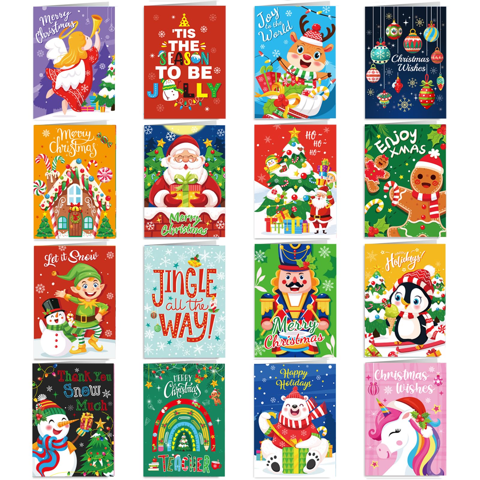 DPKOW 32 x Mini Christmas Cards Pack for Kids Family Members, Colorful Christmas Greeting Cards with Envelopes Xmas Cards Packs