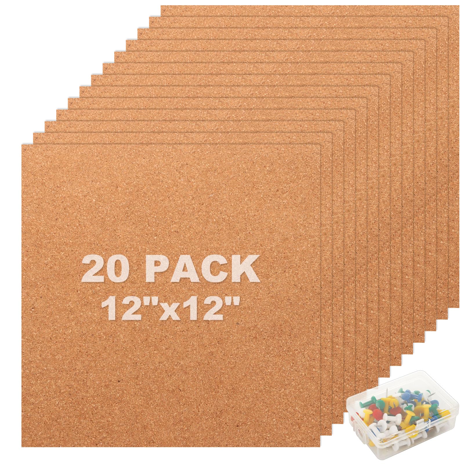 YAYODS 20PCS Cork Boards 30 x 30 cm, 4mm Thick Square Tiles for Walls With 60 Push Pins, for Office, Home, School