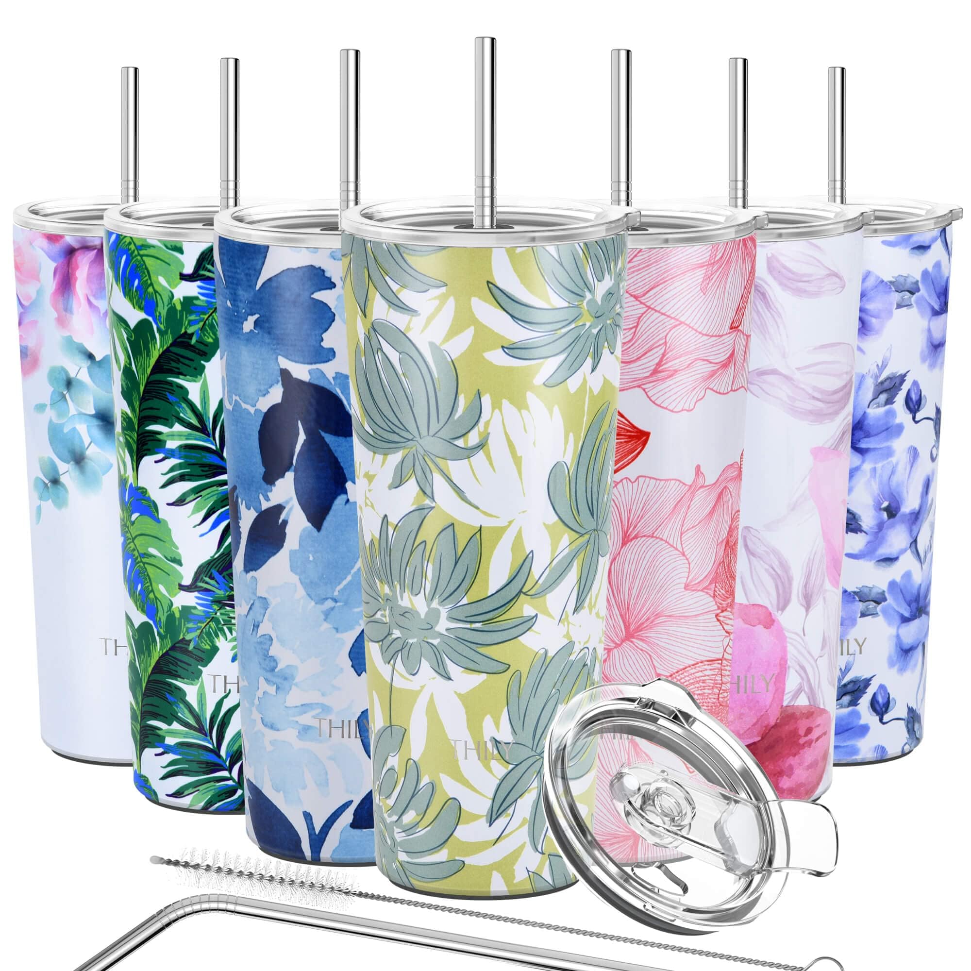 THILY Stainless Steel Vacuum Insulated Tumbler Travel Mug 780 ml Coffee Cup with 2 Lids and Straws, Splash Proof, BPA Free, Keep Iced Coffee Cold, Green Chrysanthemum