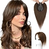 Flufymooz 100% Real Human Hair Toppers for Women, 10 Inch Clip in Human Hair Topper for Thinning Hair, 360°3D Cover Clip in Bangs Natural Hairpiece With 4.5'' x 3'' Silk Base-Medium Brown
