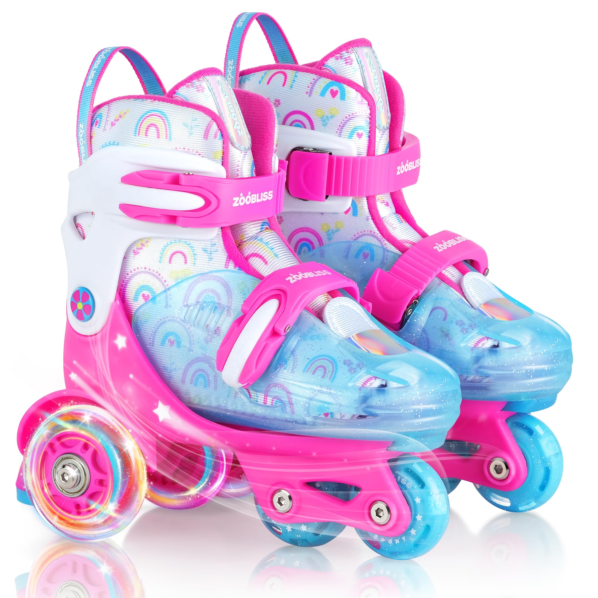 Photo 1 of Kids Roller Skates for Beginners - ZOOBLISS Toddler Roller Skates for Girls Ages 3-7 with Light-Up Wheels & 4 Adjustable Sizes, Tri-Wheel Training Skates for Kids (Flower Pink)
