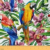 Colorful Birds Fabric by The Yard,Watercolor Palm Leaves Tropical Upholstery Sewing Fabric for Home DIY Projects,Rustic Parrot Flowers Print Outdoor Fabric for Sofa Chair Bedroom Decor,2 Yards