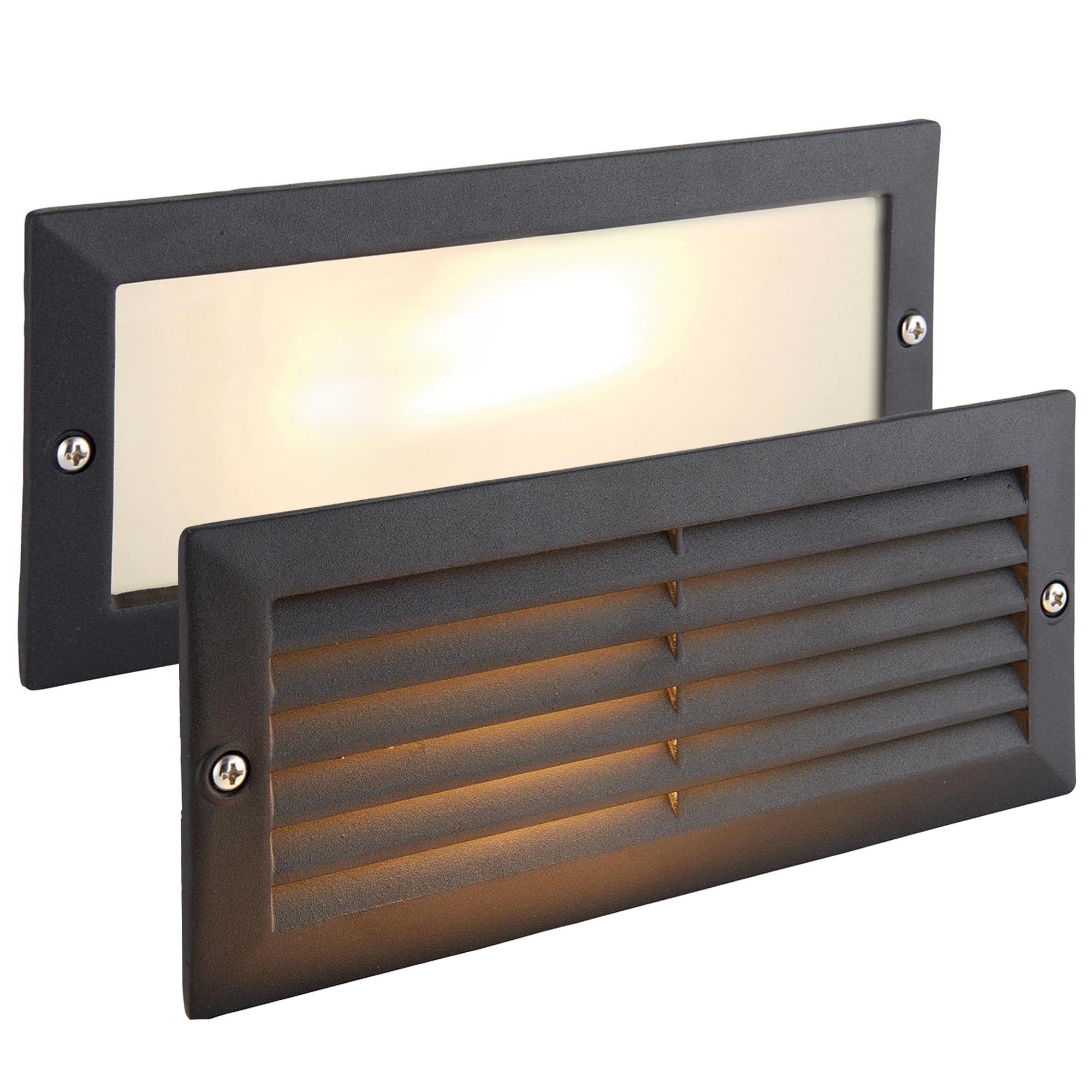 ECO Outdoor Black Aluminium & Frosted Glass Brick Light with Grille and Plain Front Panels - IP44 Rated