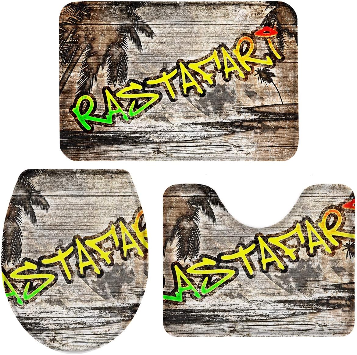 T&H Home Bath Rug Sets 3 Piece for Bathroom - Illustration Mat, Classic Board Wood Nostalgia Africa Art Ultra Soft Non-Slip Absorbent Shower Mat, Contour Mat & Toilet Lid Cover 20"x31"+16"x18"+16"x20"
