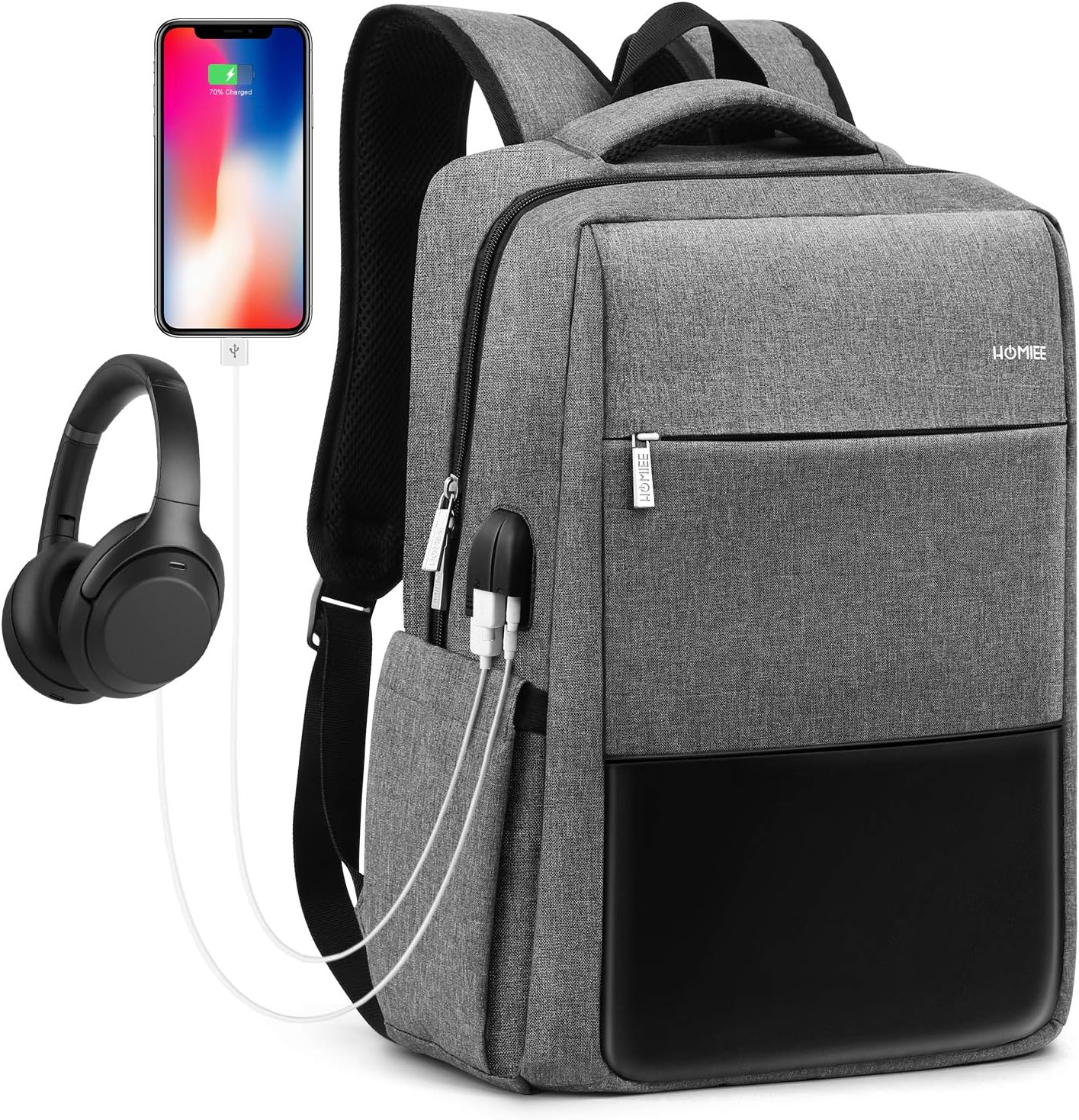 15 Inch Laptop Backpack, Large School Backpack for Men and Women with USB Charging Port (Grey)