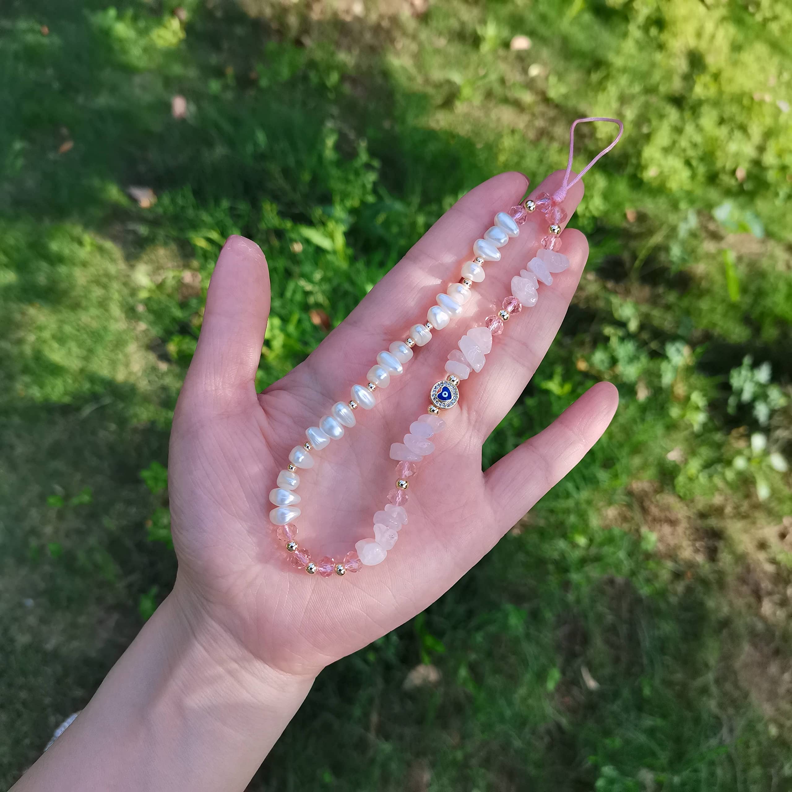 Healing Crystal Phone Charm, Amethyst Rose Quartz Aventurine Natural Stone Strap, Evil Eye Phone Keychain Chain Accessory