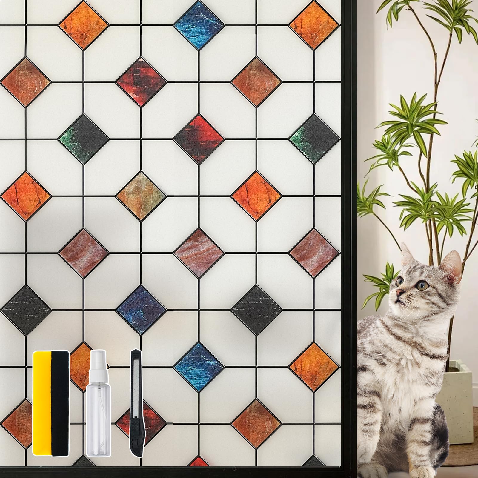 Photo 1 of DKTIE Stained Glass Window Film Geometric Patterns, Fine Frosted Window Clings for Glass Windows, Waterproof for Bathroom Window Privacy Film Day and Night (S533, 17.7in X 78.7in)