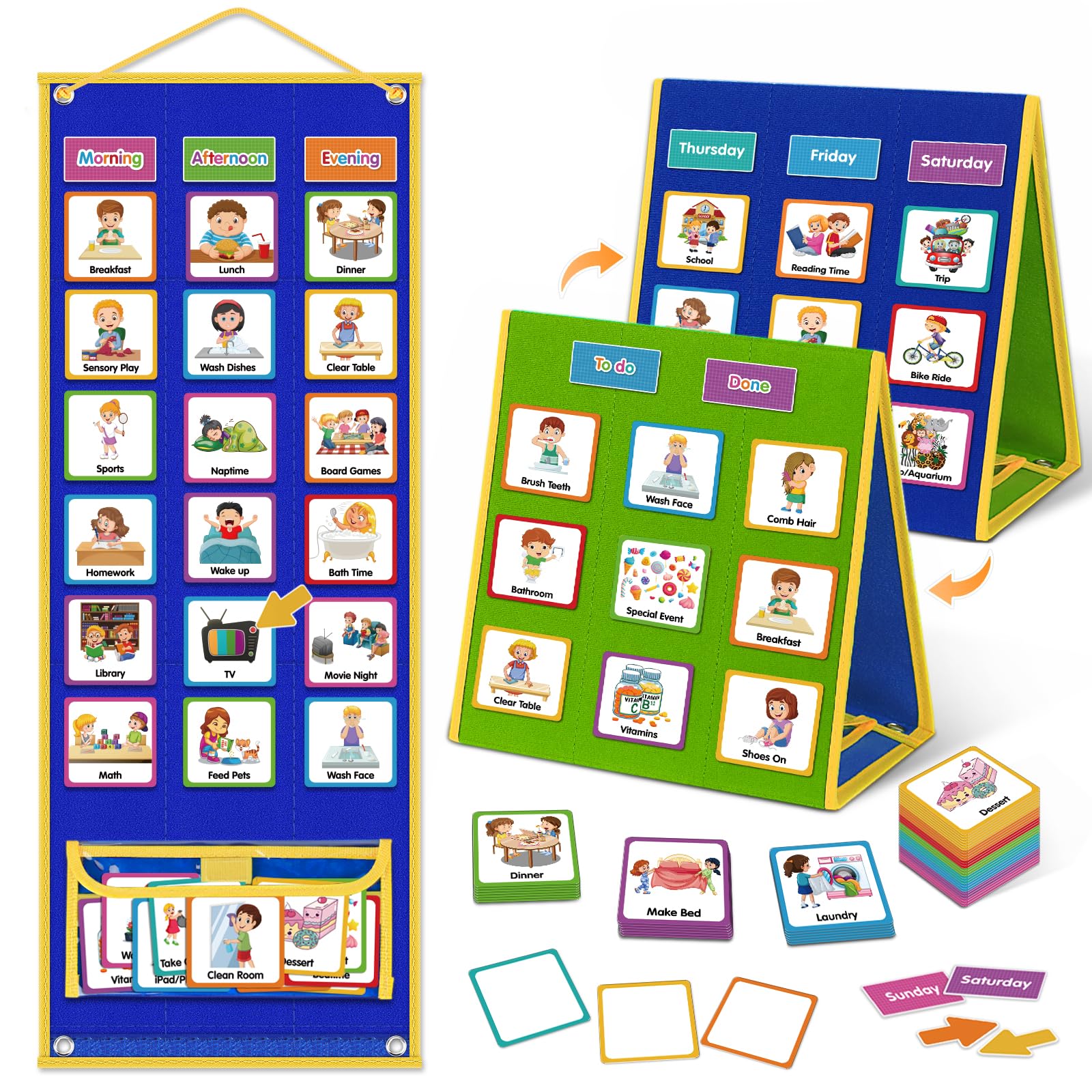 Photo 1 of Godery Large Visual Schedule for Kids Chore Reward Chart,Bedtime Routine Chart for Toddlers,Double Side Weekly Planner Board with 109 Cards for Home School Planner,Autism Learning Materials.