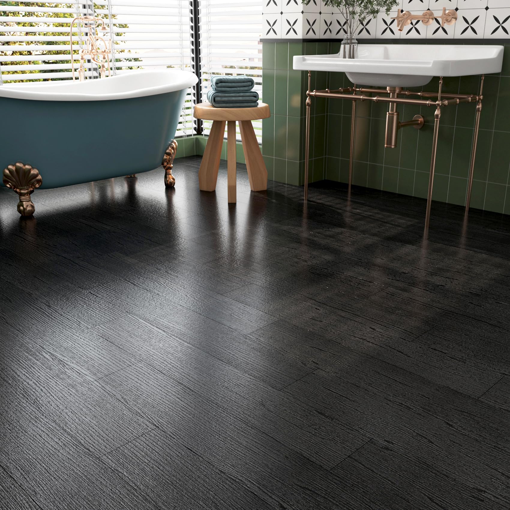 Photo 1 of *FACTORY SEALED* FunStick 35-Pack 6"x36" Black Wood Peel and Stick Floor Tile Waterproof Vinyl Flooring Planks Peel and Stick Dark Wood Look Luxury Vinyl Plank Flooring for Bathroom Kitchen Laminate Sticky Floor Tiles