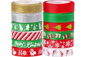 Tsorode 12 Rolls 60 Yards Christmas Ribbon for Gift Wrapping, 3/8 Inch Christmas Ribbon for Crafts, Glitter Grosgrain Ribbons DIY Xmas Decorations