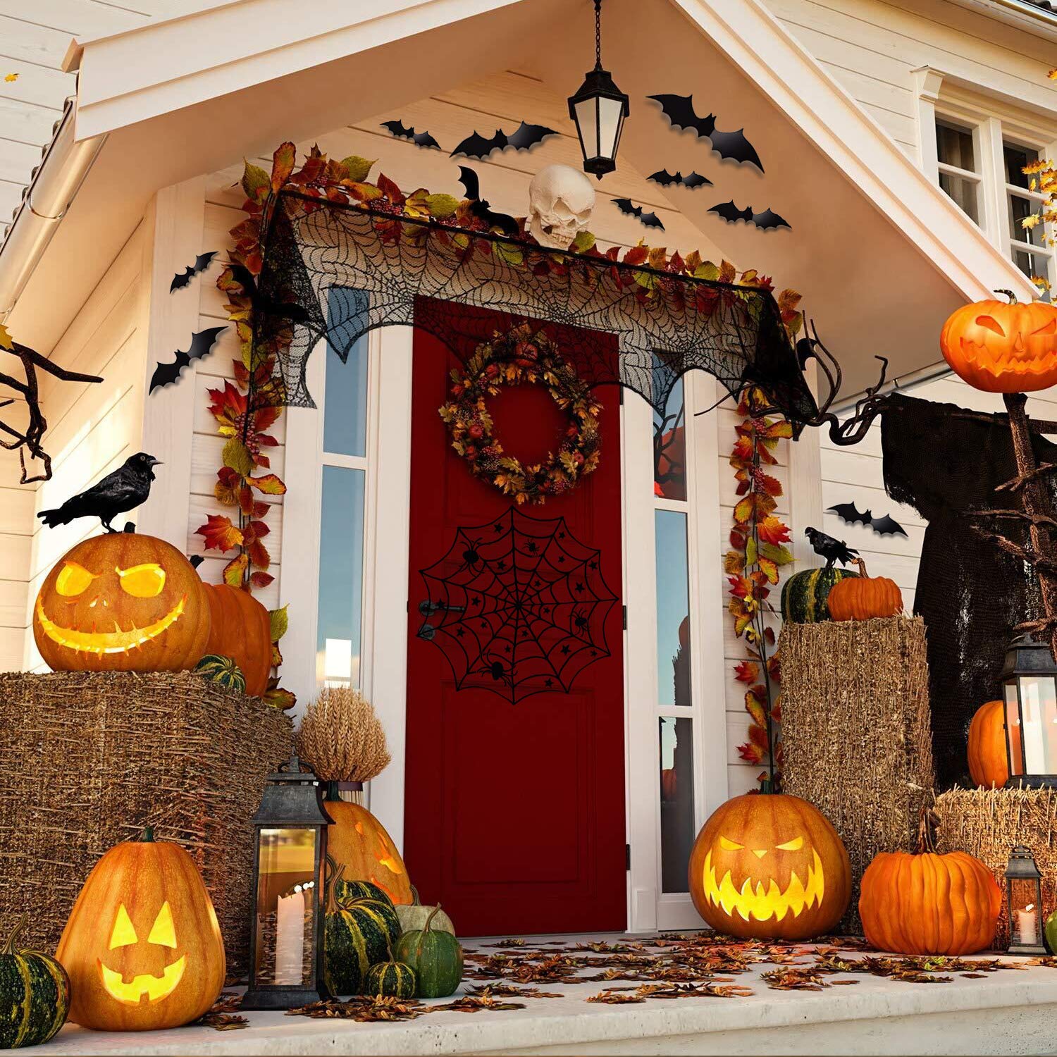 32-Pack Halloween Decorations Sets, Halloween Tablecloth Spooky Bat Spiderweb Lace Tablecloth, Round Lace Table Cover, Halloween Lamp Shades, Fireplace Scarf Cover and Halloween 3D Bats Wall Stickers