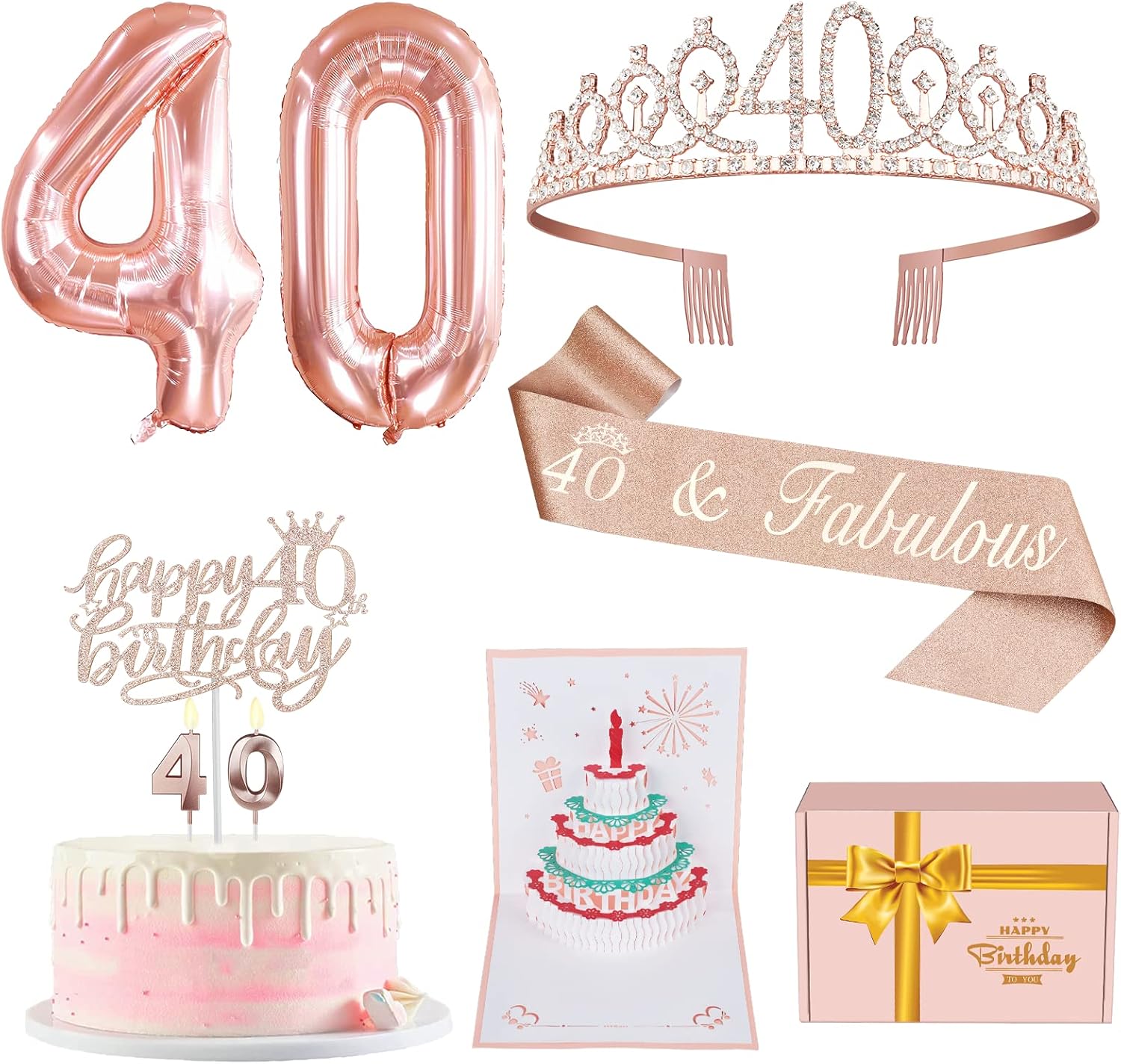 Candles & Holders - 40th Birthday Decorations Women, Include 40th Birthday Sash and Tiara, Birthday Cake Topper and Number 40 Candles, Balloons, 3D Birthday Card, 40th Birthday Gifts For Women