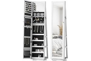 HOMCOM Mirror Jewelry Cabinet Armoire, 360° Swivel Lockable Standing Jewelry Organizer with Back Storage Shelves, Freestandin