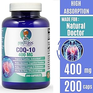 CoQ10 - Co-Enzyme Q10-400 mg - 200 Caps - Pure & High Absorption - Vegetable Capsules - Non-GMO - 100 Day Supply Heart & Cellular Energy by Foxxy Doc