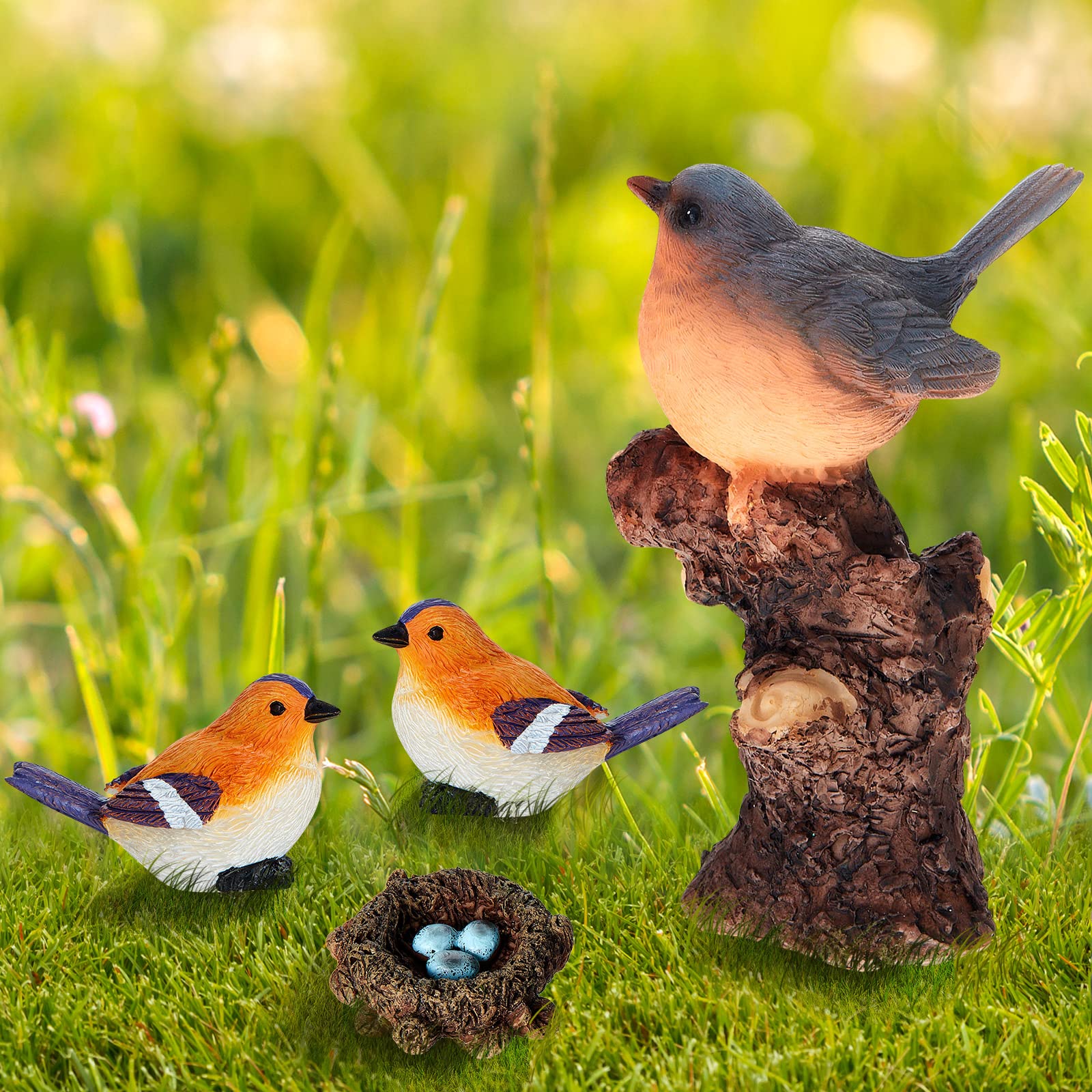 4 Pieces Robin Garden Ornament Christmas Garden Outdoor Decorative Gift Garden Bird Ornaments Waterproof Resin Robin Ornaments and Bird Nest Novelty Figurine Decorations for Garden Patio Yard Porch