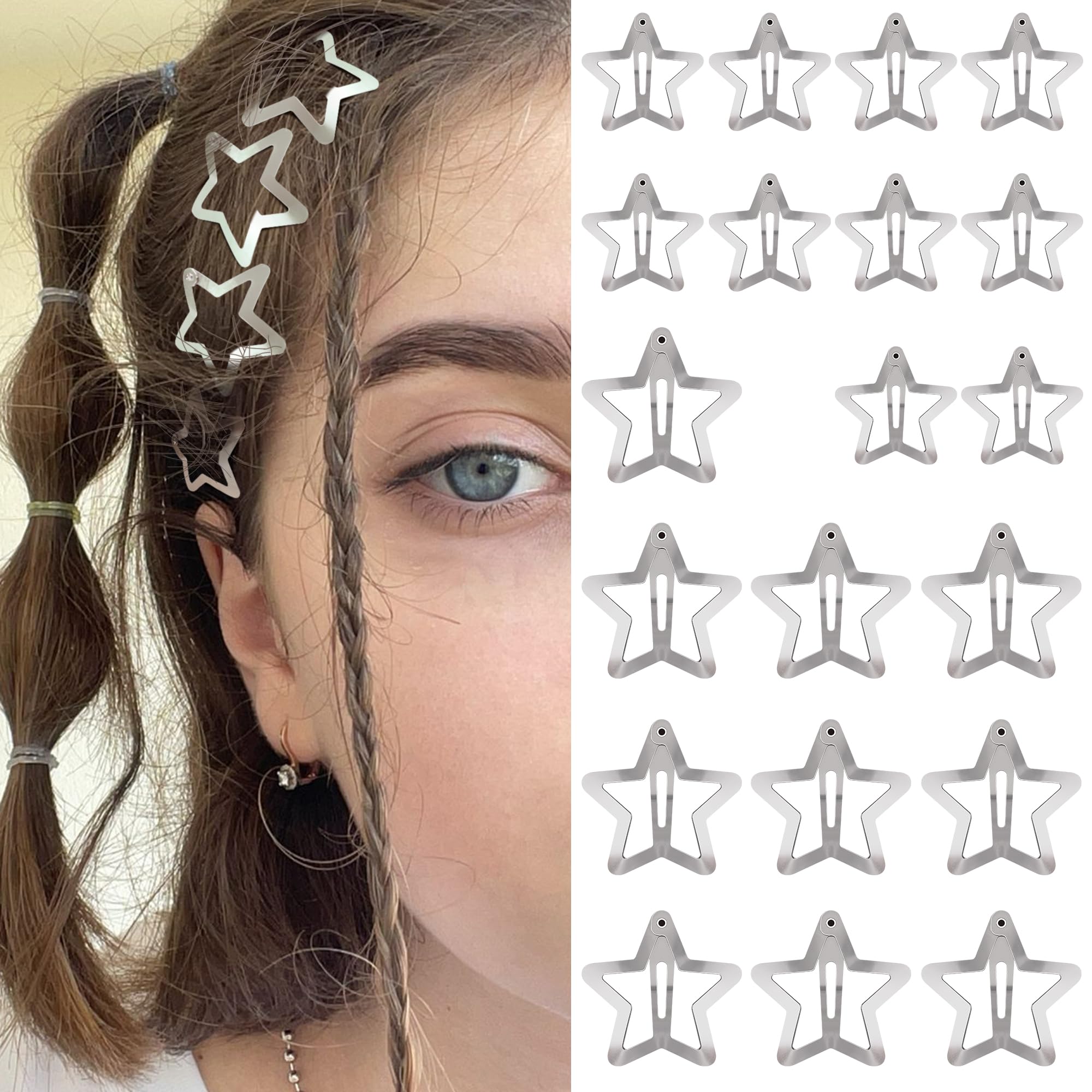 Photo 1 of Star Hair Clips 2000s Y2K Snap Hair Barrettes Non Slip Star Hair Accessories Silver Metal Hair Clips for Girls Women -20 PCS 1.18", 1.57"