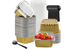Aluminum Pans With Lids,Bakingpak 50PCS 5OZ Individual Square Cake Pans with Lids Disposable Foil Baking Cups Mini Cheesecake Containers Aluminum Cupcake For Mothers Day Gifts from Daughter,Light Gold