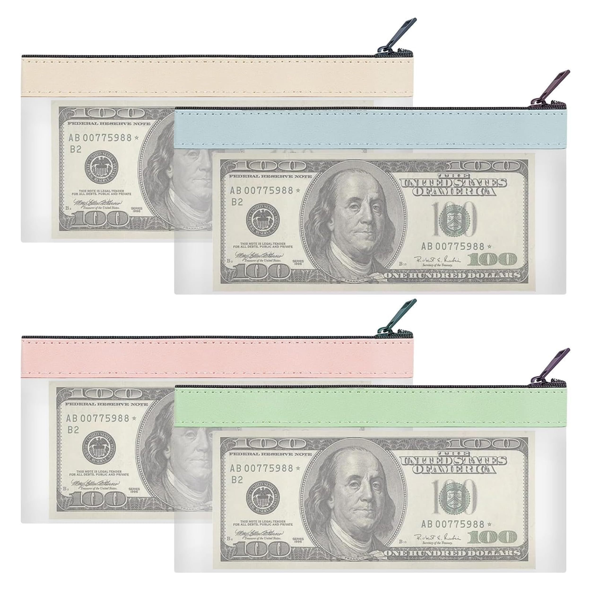 Clear Plastic Zipper Pouches - 4PCS Money Bags with Zipper, 7.28x3.9 inch Pouches for Cash, School & Office Supplies (4 Colors)