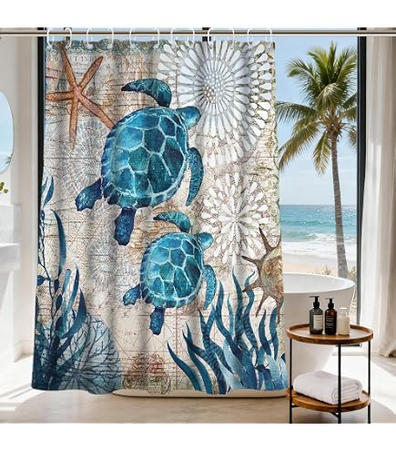 TYLCLTX Ocean Beach Shower Curtain 72x84 Inch - Waterproof Fabric With Shells Starfish Design, Includes 12 Hooks