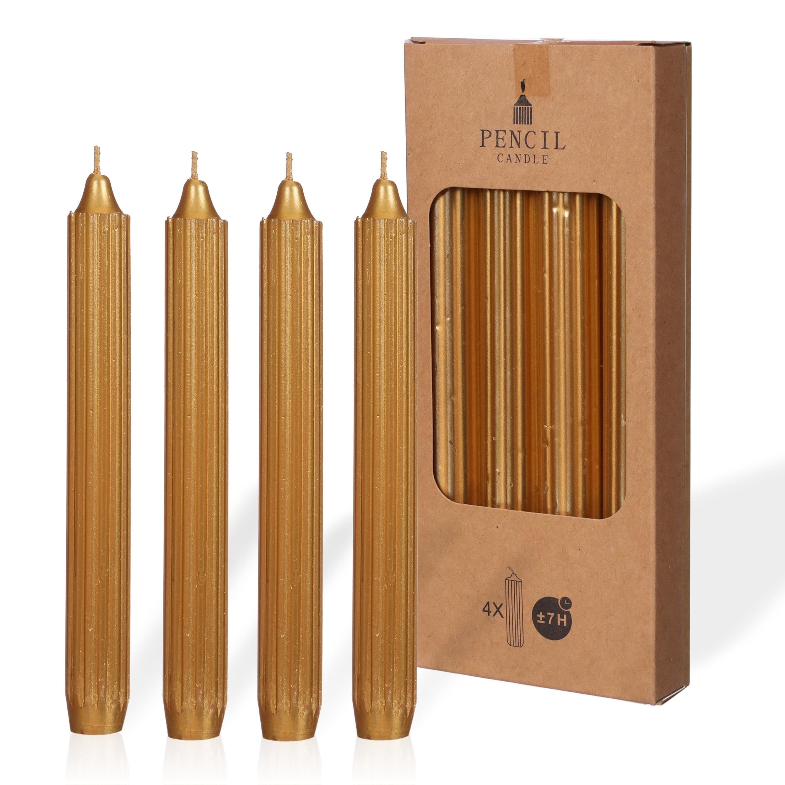 comforder COMFORDER Taper Candles Set, 4 x Table Candles Plain + Ribbed, 20 cm, 7 Hours Burning Time (Gold)