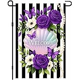 IVN Welcome Spring Floral Seashell Design Purple Roses Black And White Stripes 12x18 Inch Double Sided Outdoor Yard Decor For Farmhouse Patio Lawn Home Spring Garden Flag Floral Garden Flag