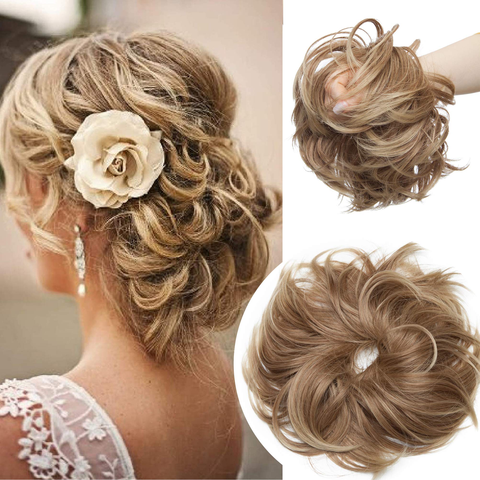 MY-LADY Large Messy Bun Scrunchie, Curly Synthetic Hairpiece, 80g, Light Brown Blonde Highlight, Heat Resistant, Reusable, Clip-In Installation