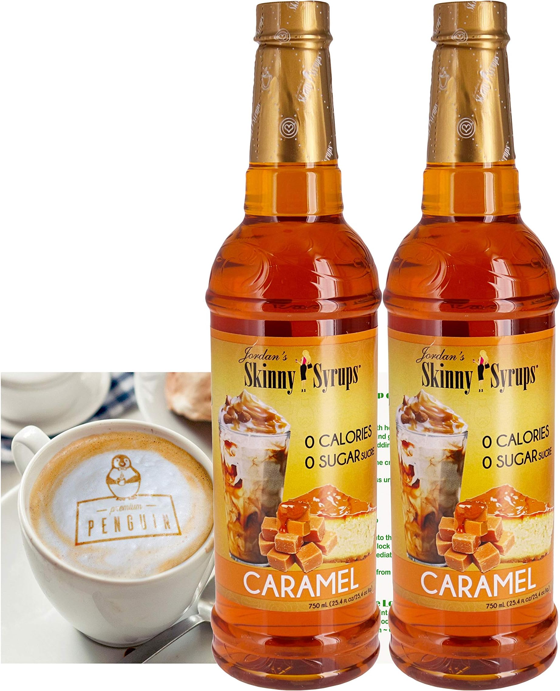 Jordan's Skinny Syrups - Sugar Free Coffee Sweetener Bundle (2 Pack) W/ Premium Penguin Recipe Card (Caramel)