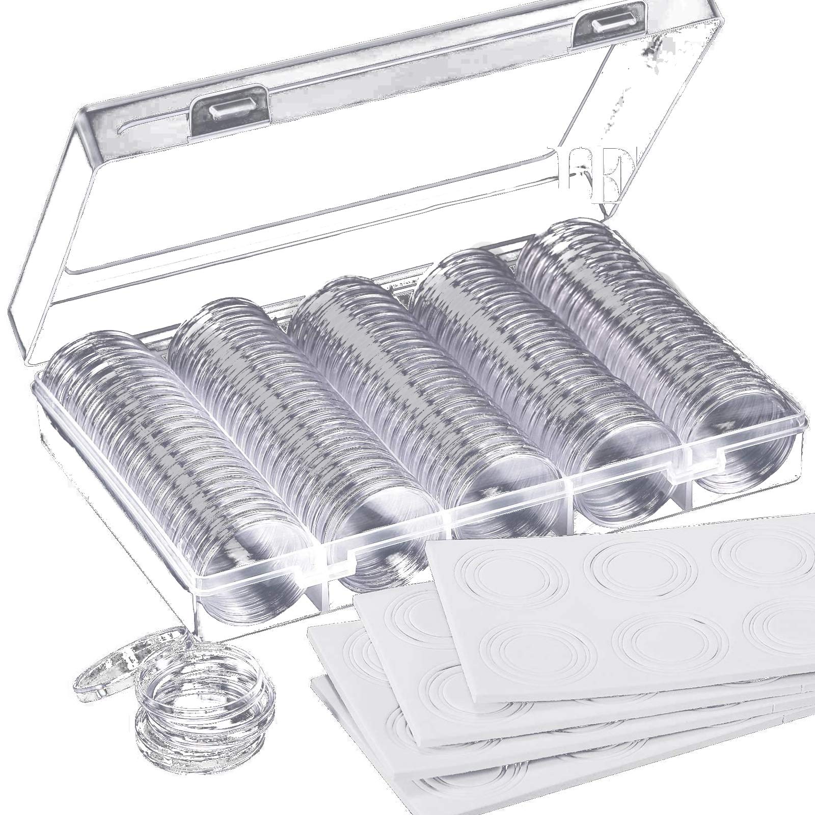 100 Pieces 30 mm Coin Capsules and 5 Sizes (17/20/ 25/27/ 30 mm) Protect Gasket Coin Holder Case with Storage Organizer Box for Coin Collection Supplies (White)