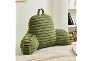 Memfydu Faux Fur Fluffy Sage Reading Pillow with Pockets, Luxury Striped Plush Decorative, Arm Rests and Back Surport for Bed Rest, Lounging on Sofa, Standard